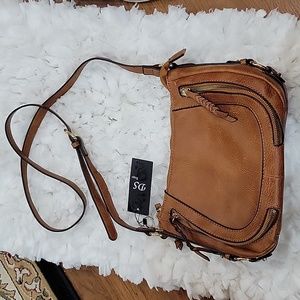 DS Bags tan vegan leather shoulder bag 2 front zippered pocket braided pull NEW…